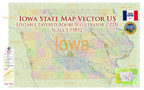 Iowa State US PDF Map Vector Exact State Plan High Detailed Road Map + admin + Zipcodes editable ...