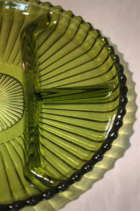 Olive Green Glass Divided Serving Platter Etsy Vintage Green Glass Green Glass Serving