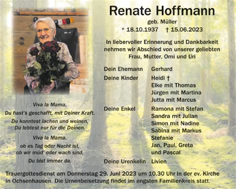 Traueranzeigen Von Renate Hoffmann Schwaebische De Trauerportal