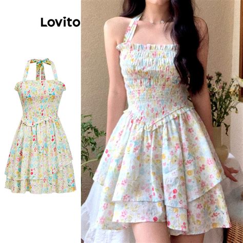 Lovito Women Casual Ditsy Floral Smocked Lettuce Trim Lace Up Dress