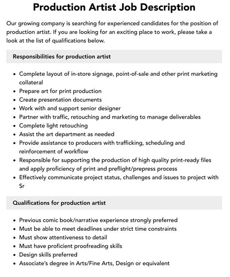 Production Artist Job Description | Velvet Jobs