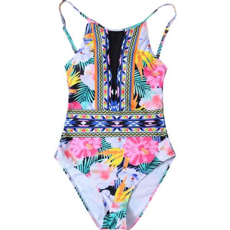 Tropical Print Mesh Insert Plunge Swimwear Via Polyvore Featuring