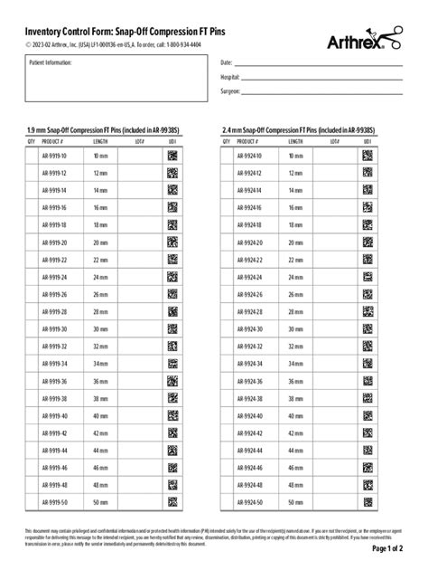 Fillable Online Inventory Control Form Snap Off Compression Ft Pins