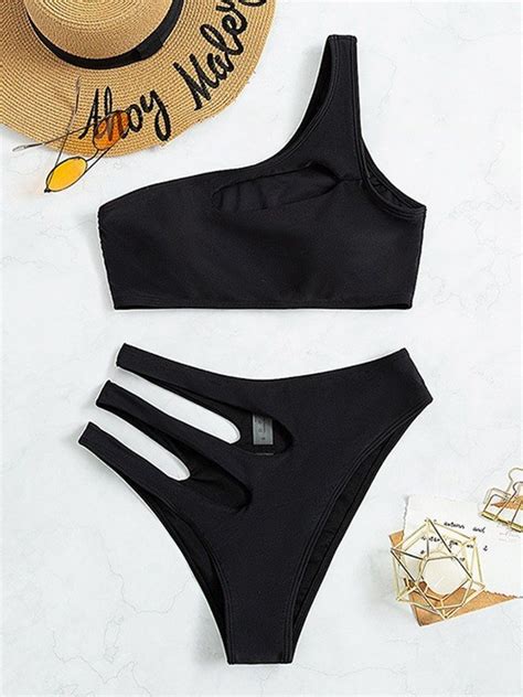 Emmiol Free Shipping 2023 Cutout One Shoulder Bikini Set Black L In