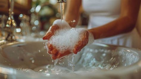 A Woman Washing Hands With Liquid Soap In A Bathroom Stock