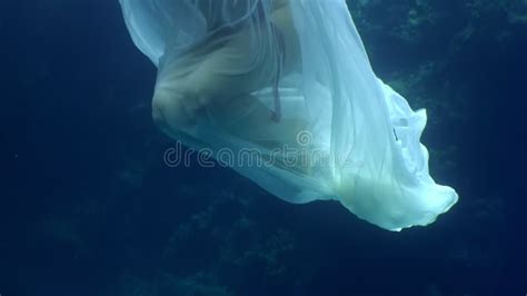 Young Woman Underwater Model In White Cloth On Background Of Blue Water
