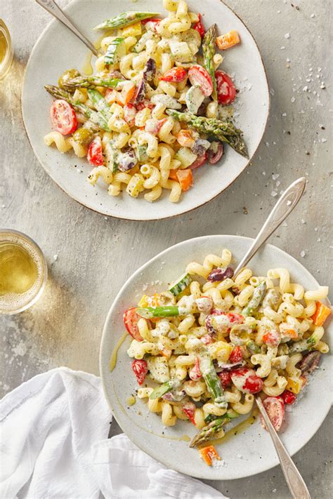 Creamy Pesto Pasta Salad With Olives Asparagus DeLallo