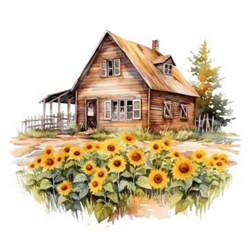 Watercolor Wooden Farmhouse And Sunflowers Composition Watercolor