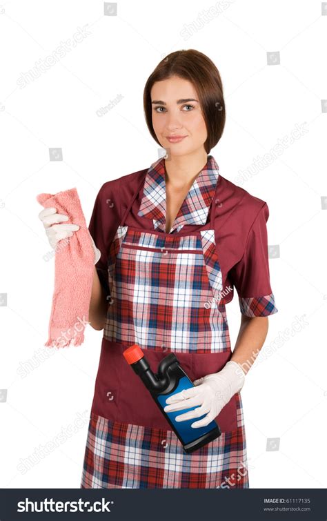 Girl Cleaner At Uniform Isolated On A White Stock Photo 61117135