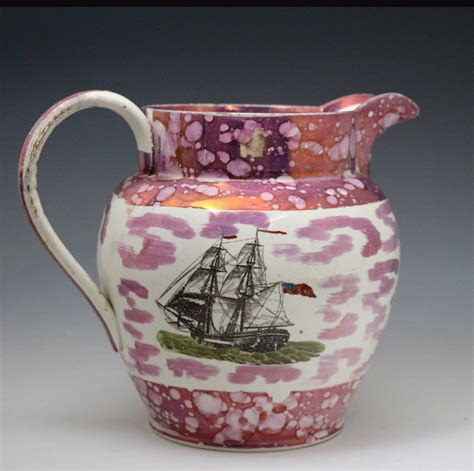 Antique English Pottery Pink Lustre Jug With Nautical Themes Early