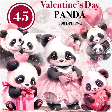 Valentines Day Pandas Watercolor Clipart Valentines Day Clipart Set