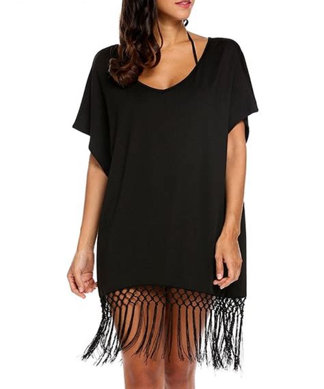 Clearance Womens Tassel Hem Batwing Sleeve Beachwear Bikini Swimsuit Cover Ups Black Ct L Yneg
