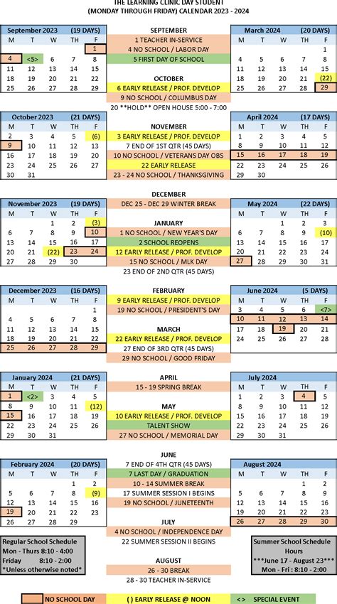 2023-2024 Day School Calendar | The Learning Clinic