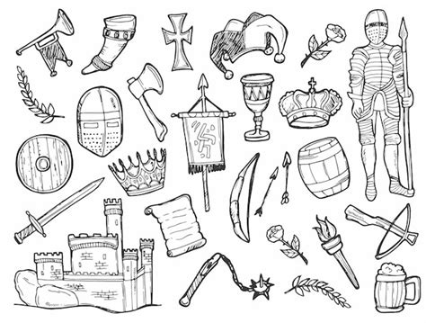 낙서 중세 아이콘 세트 중세 성 무기 및 도구 벡터 일러스트 레이 션 컬렉션 프리미엄 벡터