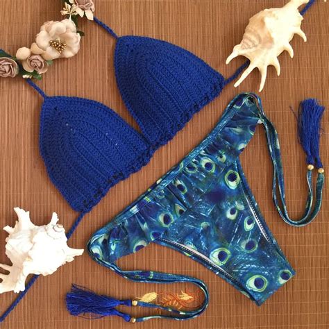 Blue Knitted Swimsuit Sexy Swimwear Women Summer Dress Handmade Crochet