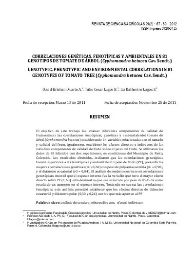 Correlaciones Gen Ticas Fenot Picas Y Ambientales En Genotipos De