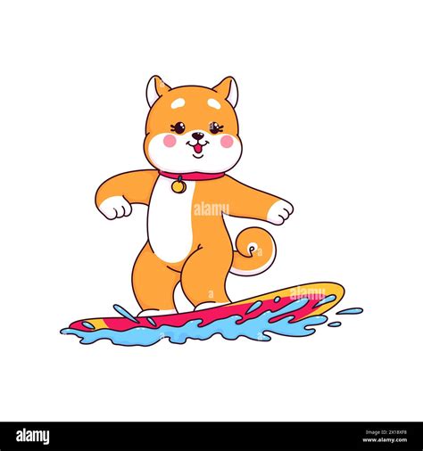 Cartoon Japanese Happy Shiba Inu Puppy Dog Surfing Character Cute