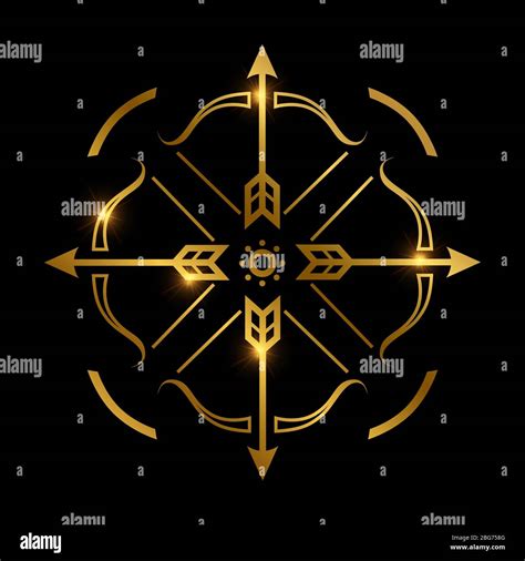 Golden Bow And Arrows On Black Background Archery Emblem Vector Design