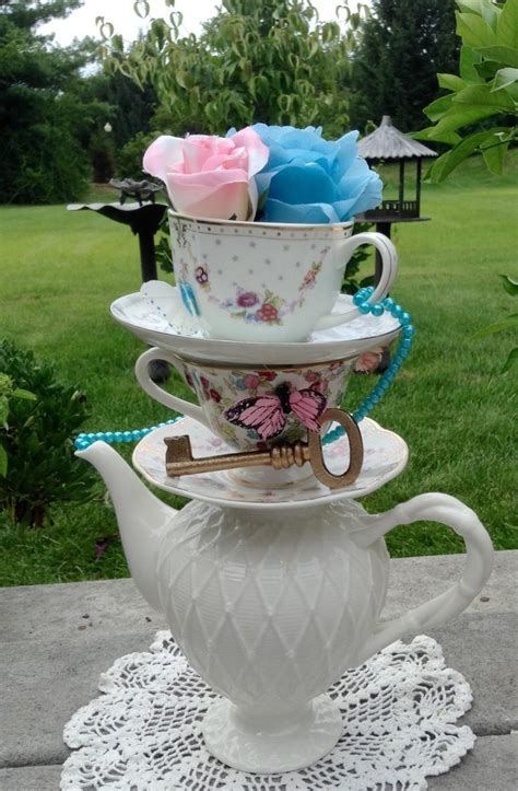 Pink Or Blue Stacked Teapot Teacup Centerpiece Pearls Key