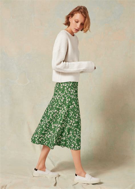 Floral Print Bias Cut Skirt Leaf Green