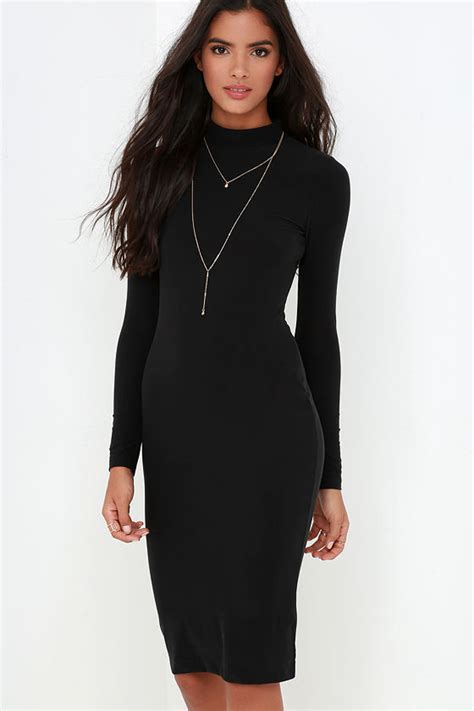 Black Bodycon Dress Lbd Mock Neck Dress Long Sleeve Dress 4400