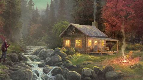 Thomas Kinkade Log Cabin Painting