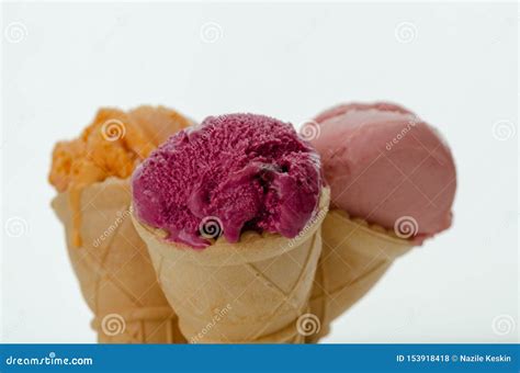 Assortment of Fruity Ice Cream on Cones Stock Photo - Image of fluid, creamy: 153918418