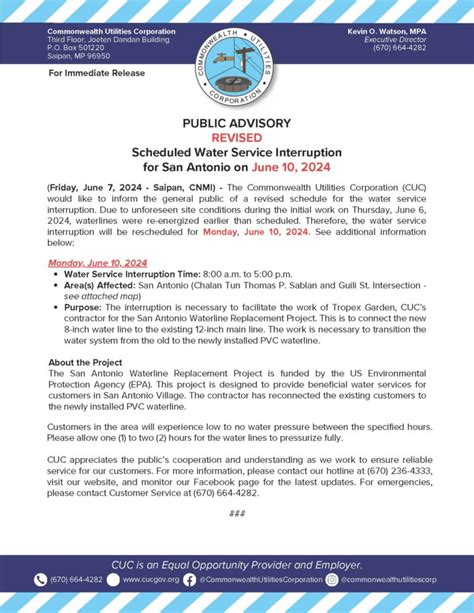 2024 June 7 Public Advisory Re Revised Scheduled Water Service