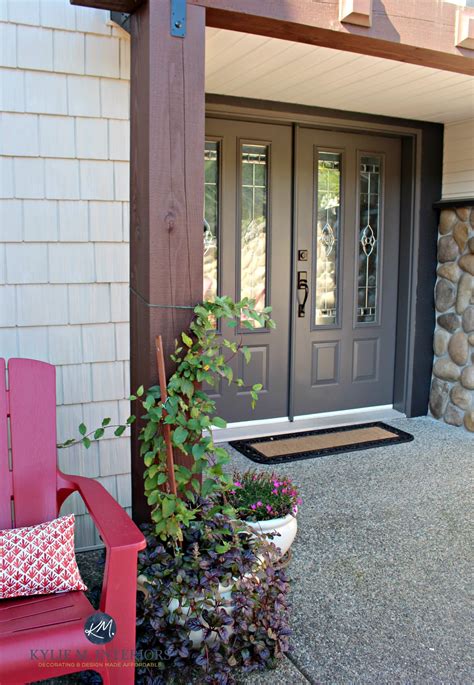 Sherwin Williams Gauntlet Gray Painted Front Door With Stone And Cream