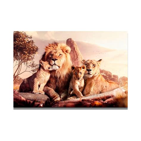 Família Leão 2 Filhotes - Quadro Decorativo Leão Família 2 Filhotes - 90x60cm - Portal Equilíbrio