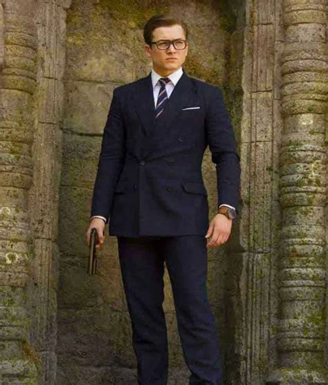 Kingsman Eggsy Double Breasted Suit Taron Egerton Navy Blue Suit