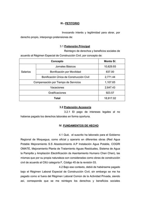 Demanda De Cobro De Beneficios Sociales De Construcci N Civil Pdf