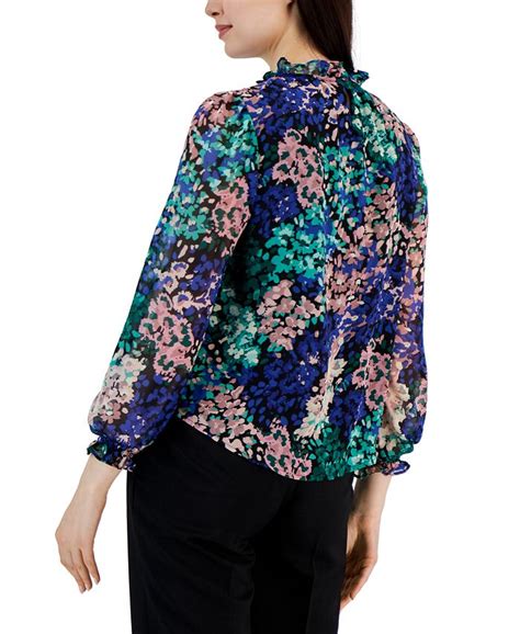 Anne Klein Womens Floral Print Ruffled Neck Blouse And Reviews Tops