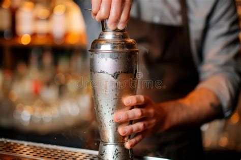 Barman Shaking A Cocktail In A Metal Shaker Stock Image Image Of