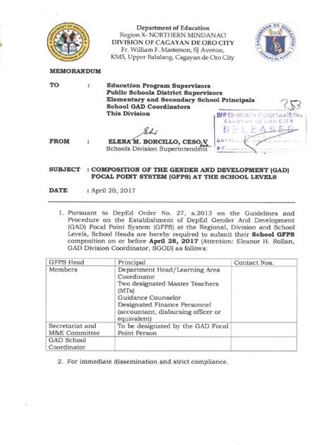 Memo253s2017 Composition Of The Gender And Development Gad Focal Point