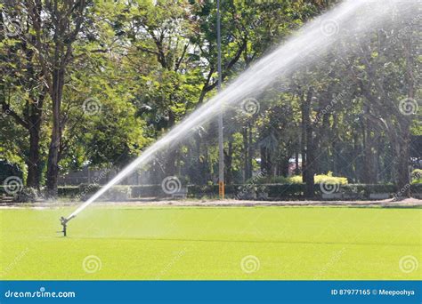 Sprinkler In Watering Green Lawn Of Golf Courses Stock Image Image