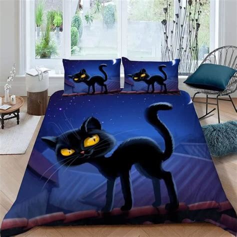 Housse De Couette 220X240 Chat Noir Adultes Parure De Lit 2 Personnes