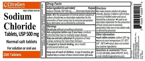 Sodium Chloride Tablets 500 mg (0.5 Gram), USP Normal Salt Tablets - 2 ...