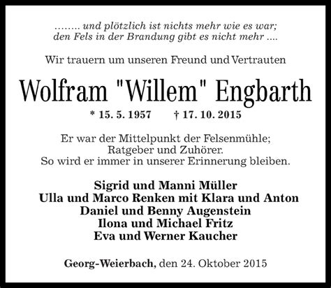 Traueranzeigen Von Wolfram Willem Engbarth Rz Trauer De