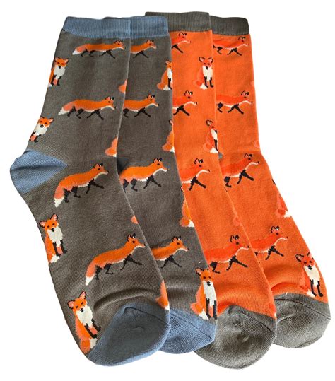 Mens Fox Socks 2 Pair Multi Pack Novelty Grey Orange Mustard Bamboo