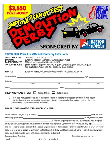 Fillable Online Suffolk Peanut Fest Demolition Derby Entry Form