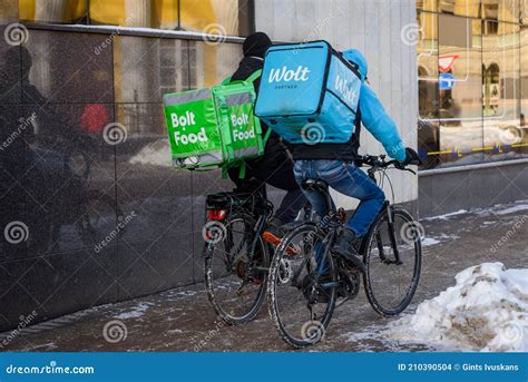 Wolt And Bolt Food Food Delivery Workers Rides On Bicycle Editorial