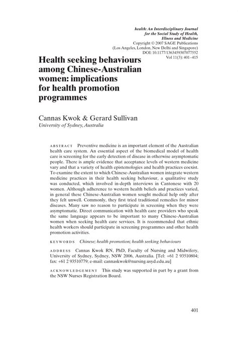 Pdf Health Seeking Behaviours Among Chinese Australian Women