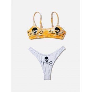 Emmiol Free Shipping Gothic Punk Skull Print Bikini Set Yellow M