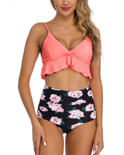 Buy Coskaka Women S Two Pieces High Waisted Ruffle Bikini Set Printed