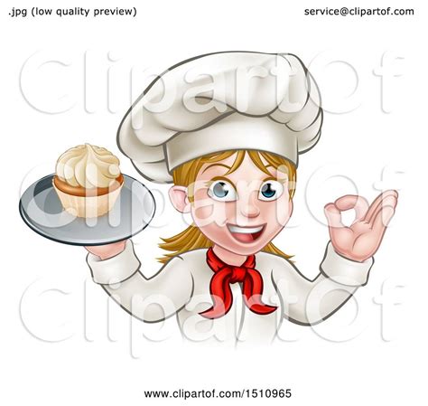 Clipart Of A Happy White Female Chef Gesturing Ok And Holding A Cupcake