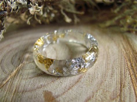 Clear Resin Ring Multifaceted Golden Silver Leaf Flakes Geometric Eco