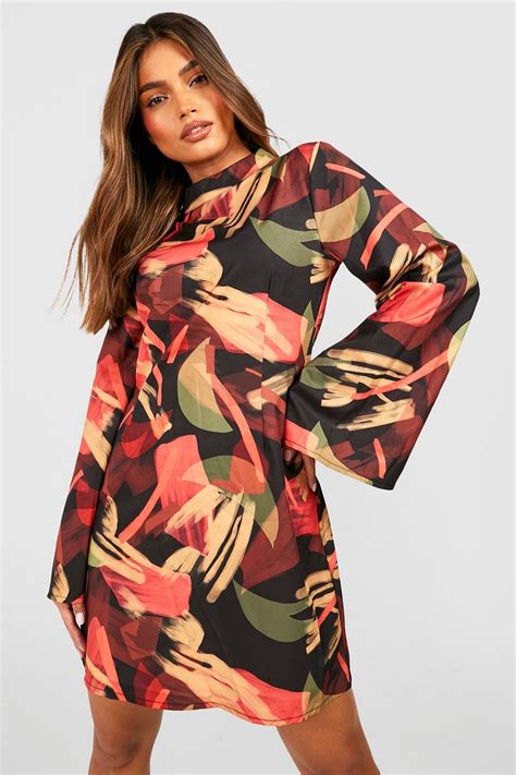 Printed High Neck Flare Sleeve Mini Dress Boohoo Uk