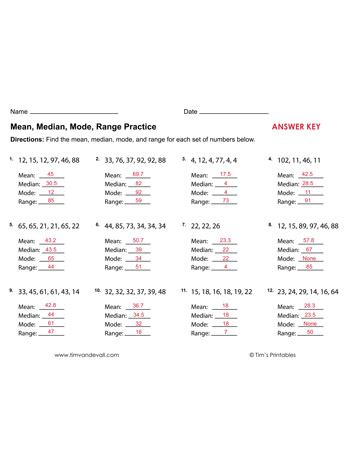 Mean Median Mode And Range Answer Key