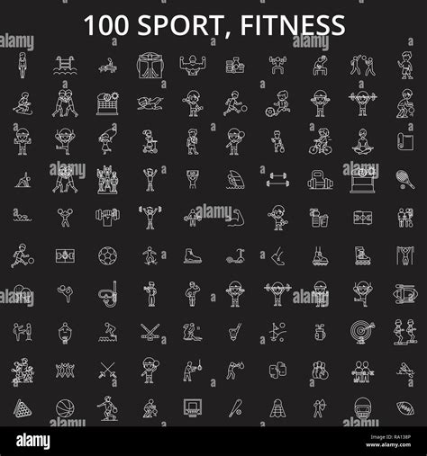 Sport Fitness Editable Line Icons Vector Set On Black Background